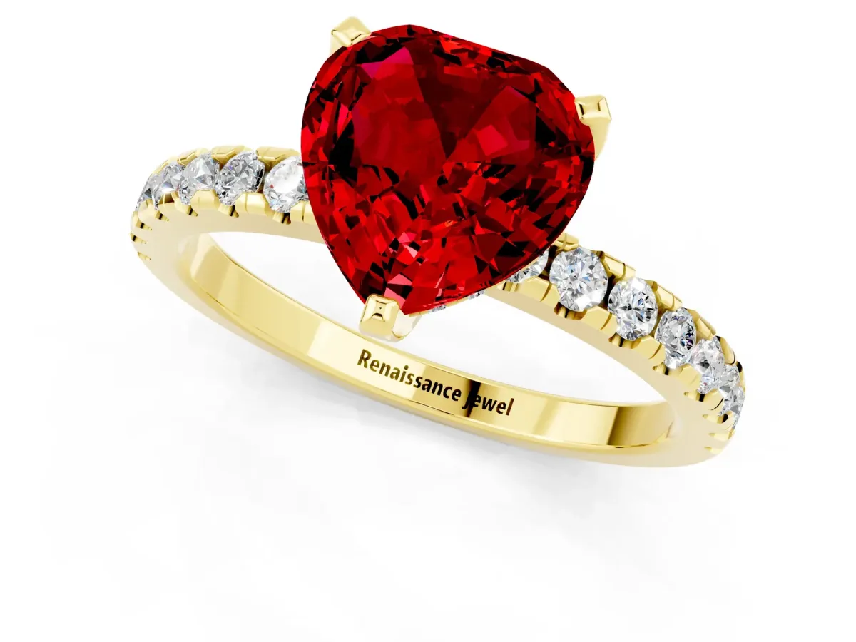 Heart Cut Ruby Solitaire Ring with Round Pavé Band and Four-Prong Setting Yellow gold