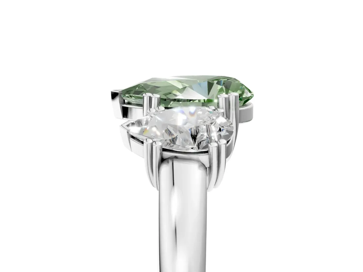 Fancy Green Three-Stone Pear Cut Cut Diamond Ring with Channel Set Band and Four-Prong Setting Silver