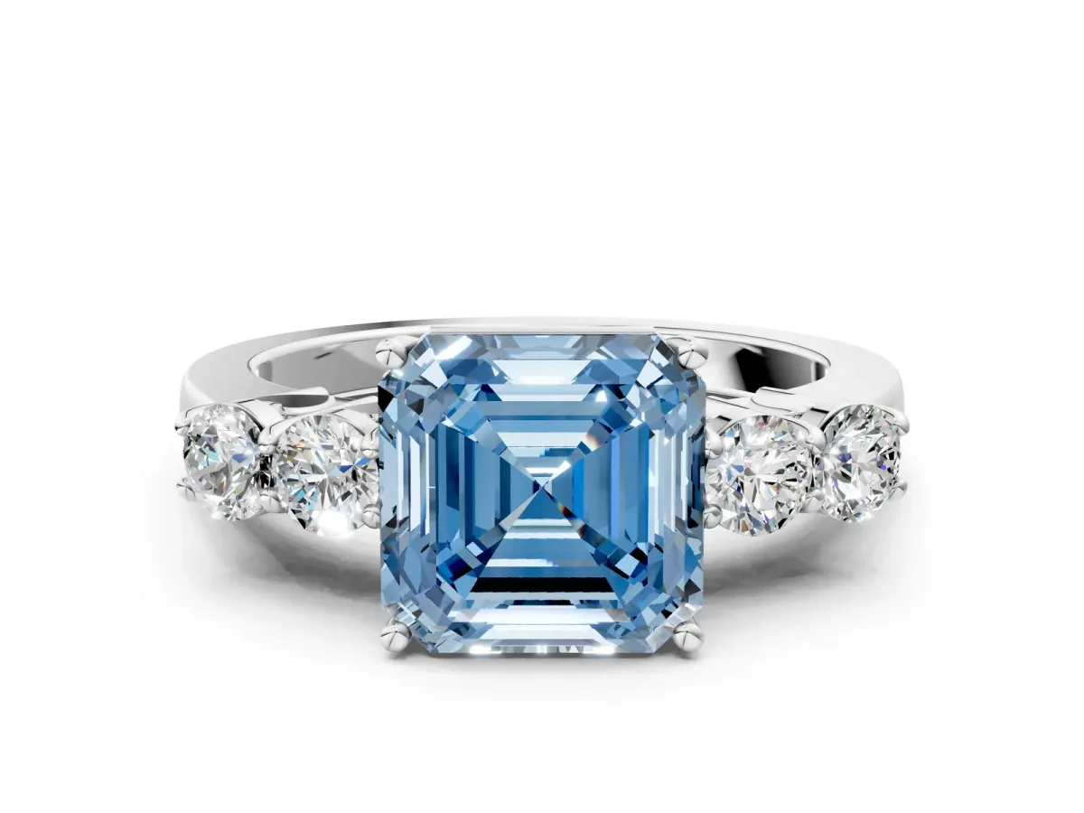 Fancy Blue Asscher Cut Cut Diamond Five-Stone Prong Set White Gold Ring Platinum