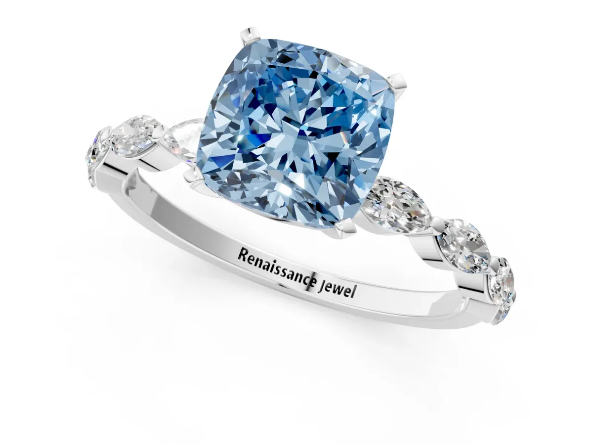 Fancy Blue Cushion Cut Diamond Ring with Marquise Side Stones and Prong Setting Platinum