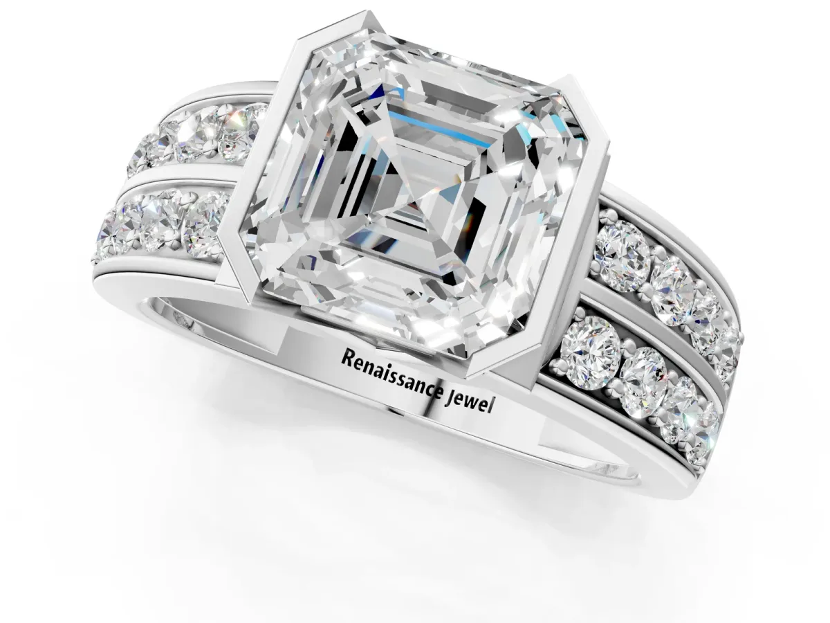 Asscher Cut Brilliant Diamond Channel Set Wide Band Ring with Bezel Setting Platinum