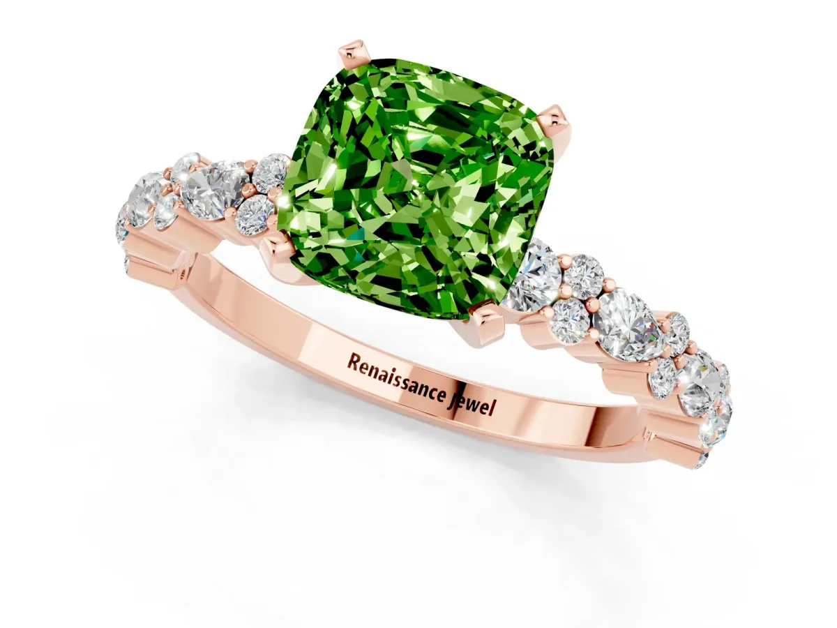 Cushion Cut Peridot Side Stone Solitaire Ring with Round and Four-Prong Setting Rose gold