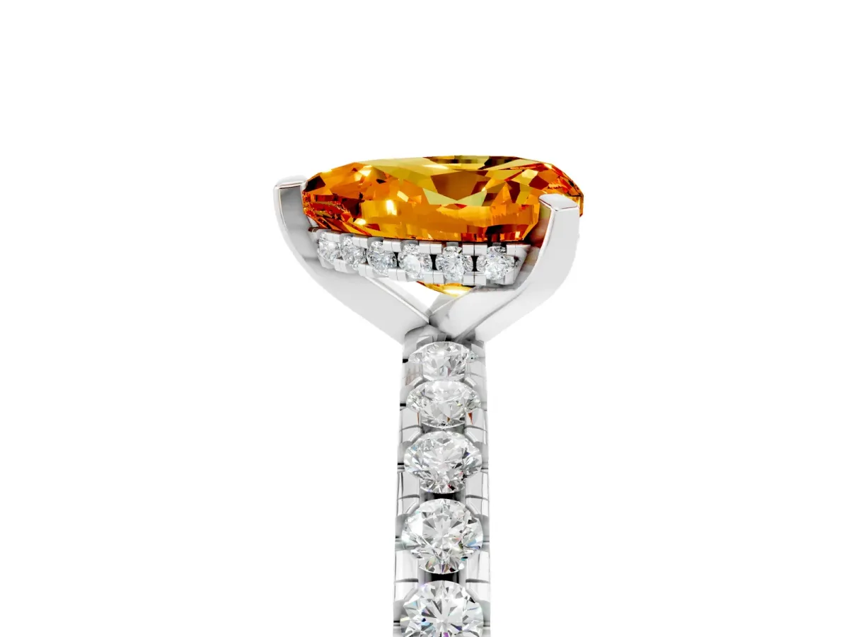 Heart Cut Citrine Solitaire Ring with Round Pavé Band and Four-Prong Setting Silver