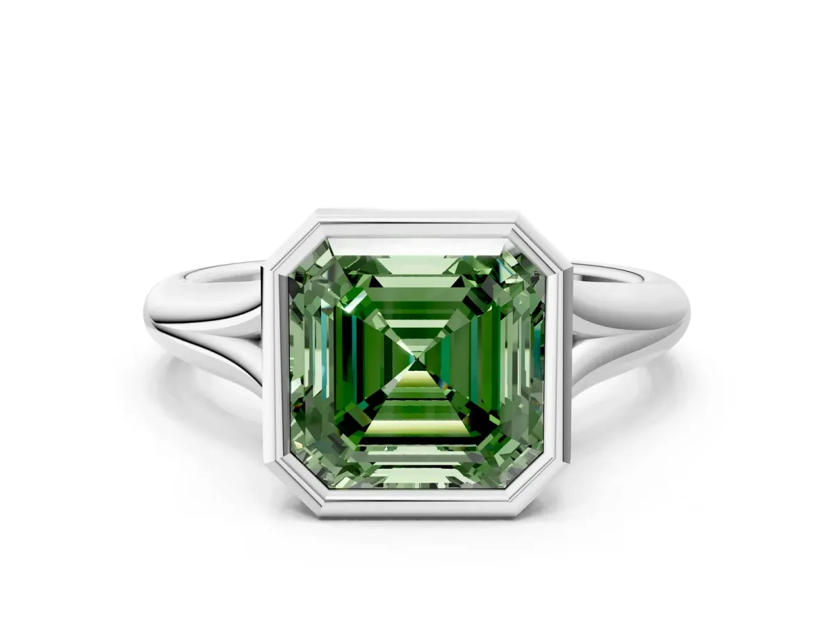 Fancy Green Bezel Set Asscher Cut Solitaire Diamond Ring with Smooth Band Platinum