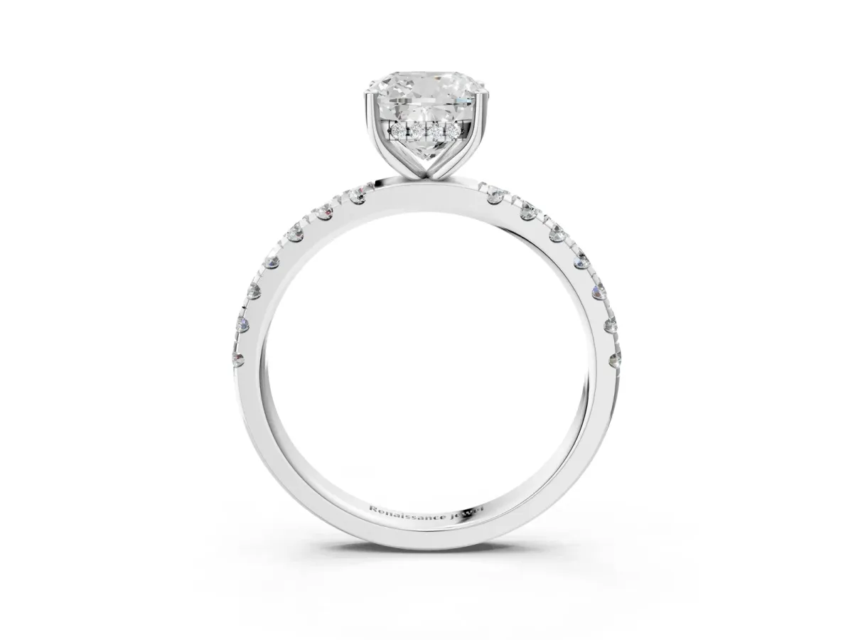 Cushion Cut Diamond Pave Band Solitaire Ring with Round Moissanite and Prong Setting Silver