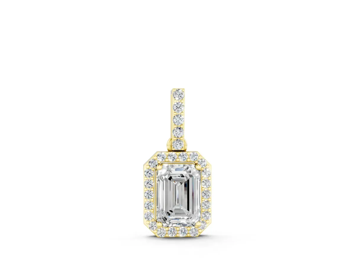 Emerald Cut Halo Diamond Pendant with Prong Setting Yellow gold