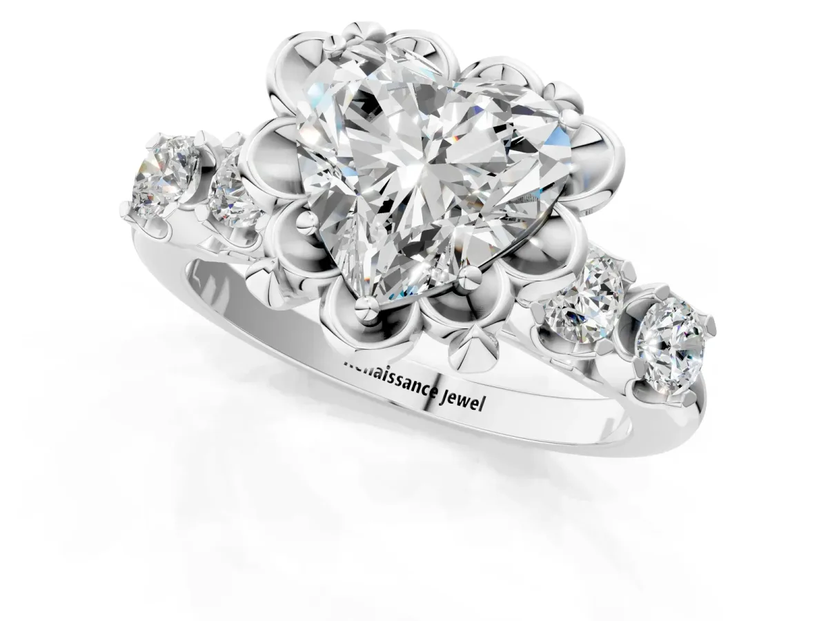 Heart Cut Cut Diamond Floral Halo Engagement Ring with Shared Prong Setting Silver