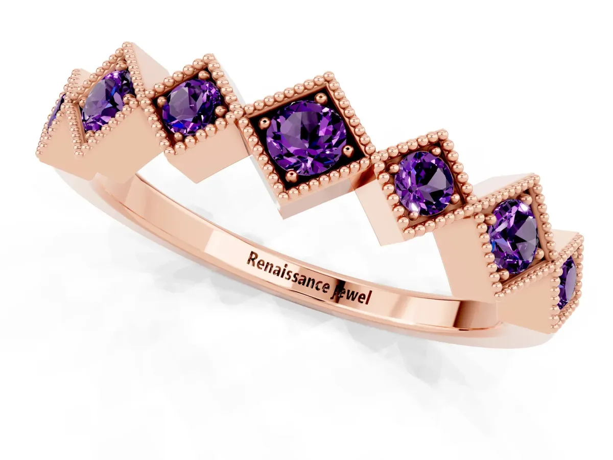 Milgrain Square Bezel Round Amethyst Chevron Band Rose gold