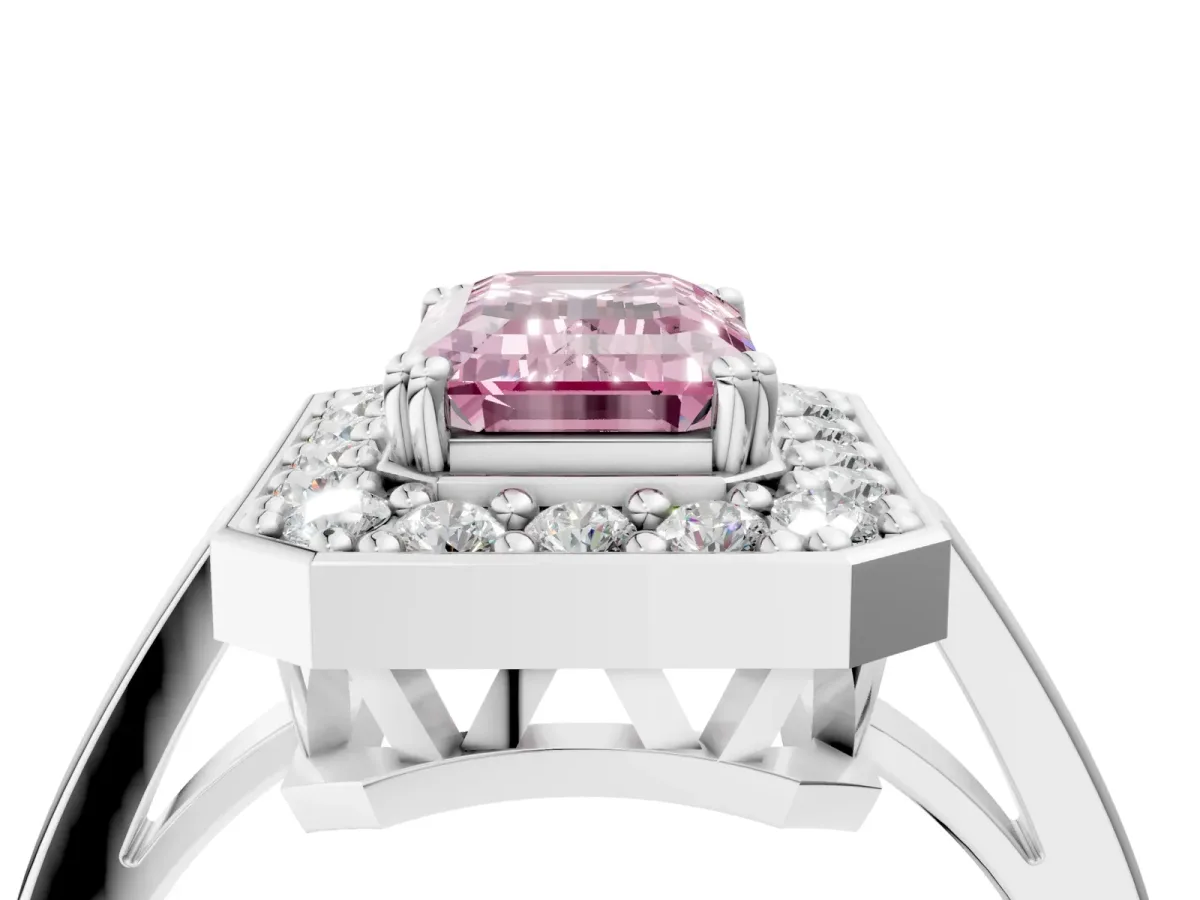 Fancy Pink Emerald Cut Diamond Halo Ring with Split Shank and Four-Prong Setting White gold