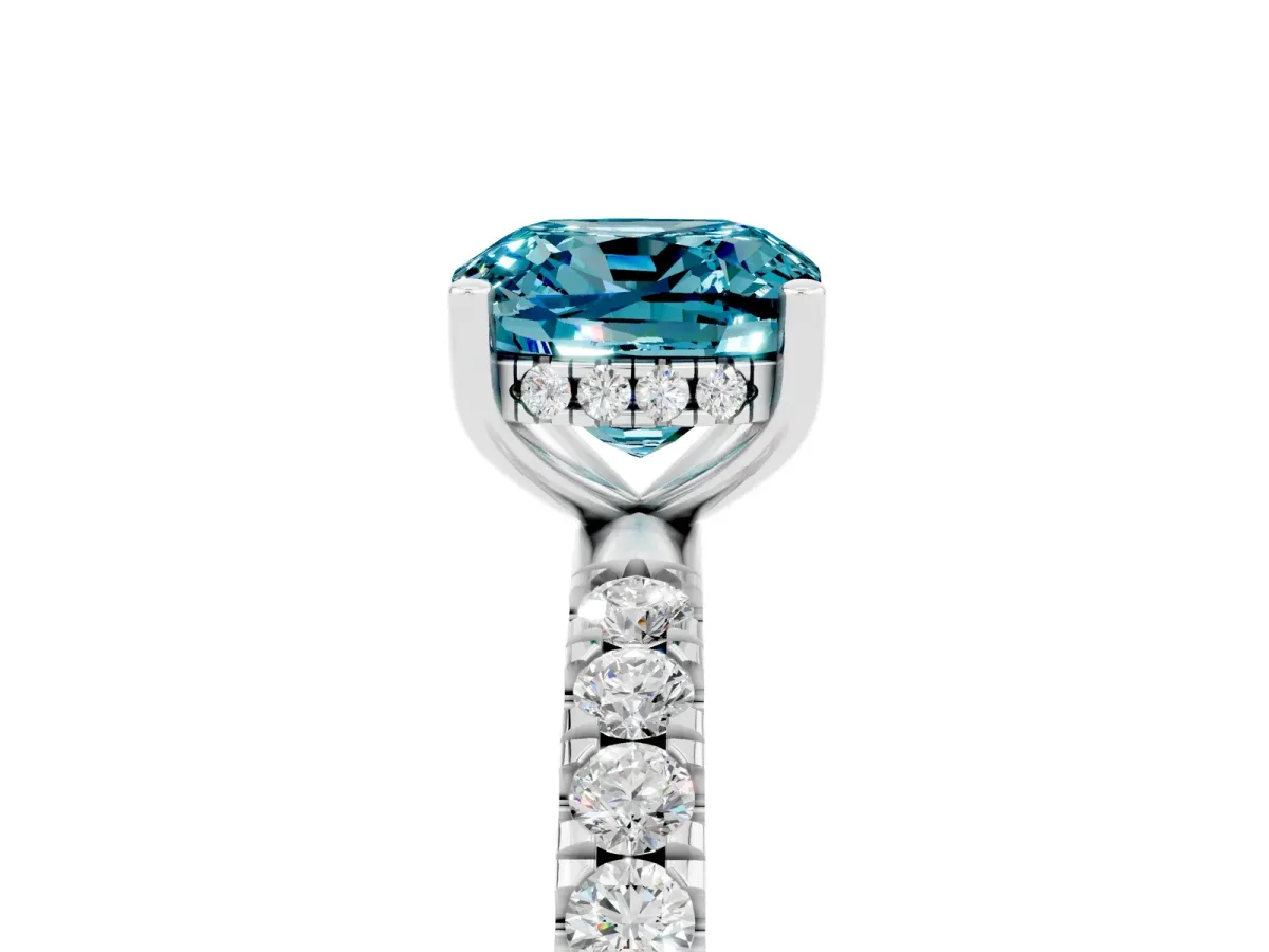 Cushion Cut Blue Topaz Pave Band Solitaire Ring with Round and Prong Setting Platinum