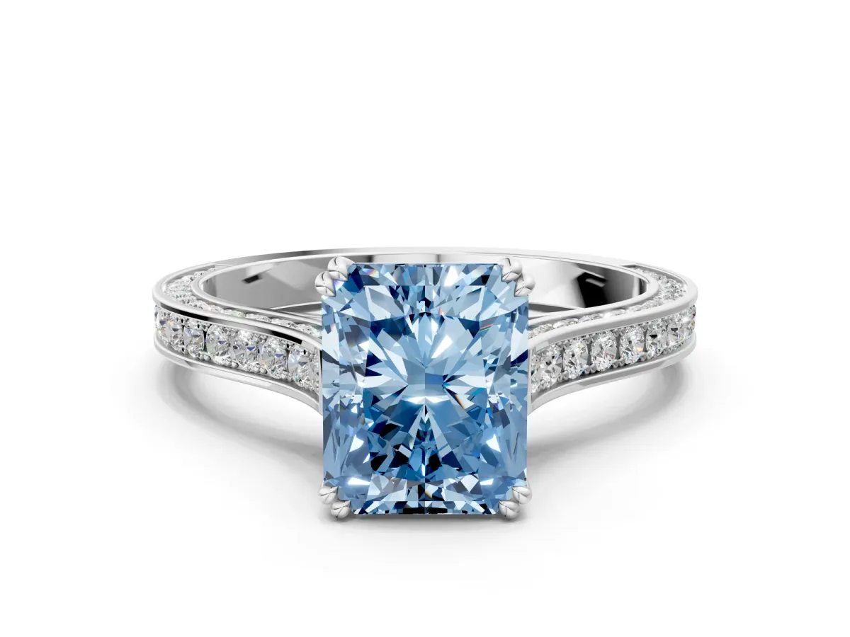 Fancy Blue Radiant Cut Diamond Solitaire with Pave Band and Six-Prong Setting Platinum