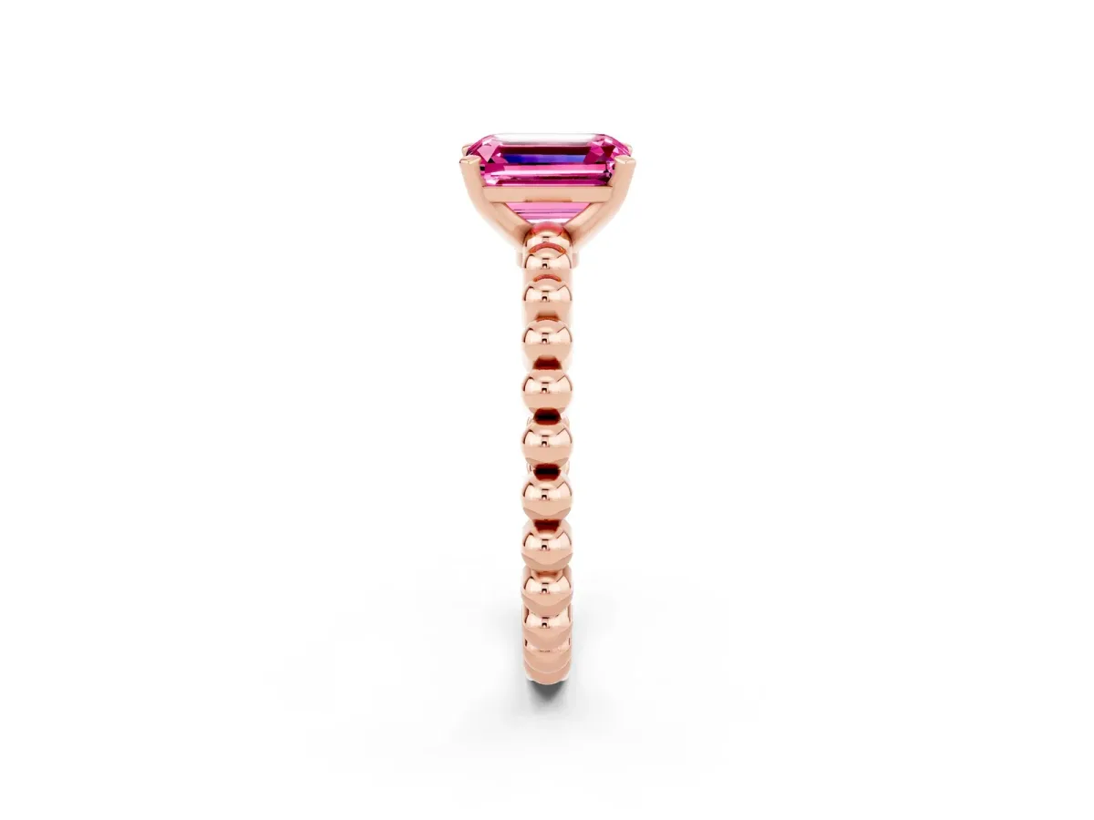 Emerald Cut Pink Sapphire Solitaire Ring with Beaded Band and Prong Setting Rose gold