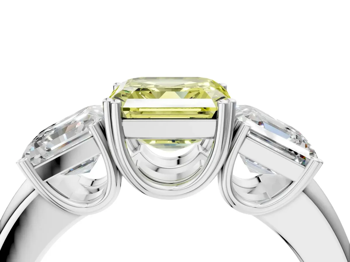 Fancy Yellow Three-Stone Asscher Cut Cut Diamond Ring with Channel Set Band and Four-Prong Setting Silver