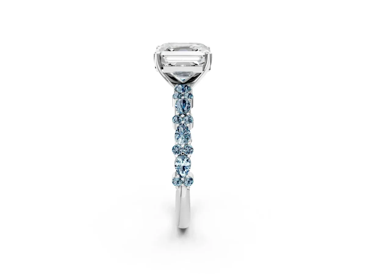 Asscher Cut Diamond Side Stone Solitaire Ring with Round Aquamarine and Four-Prong Setting Silver