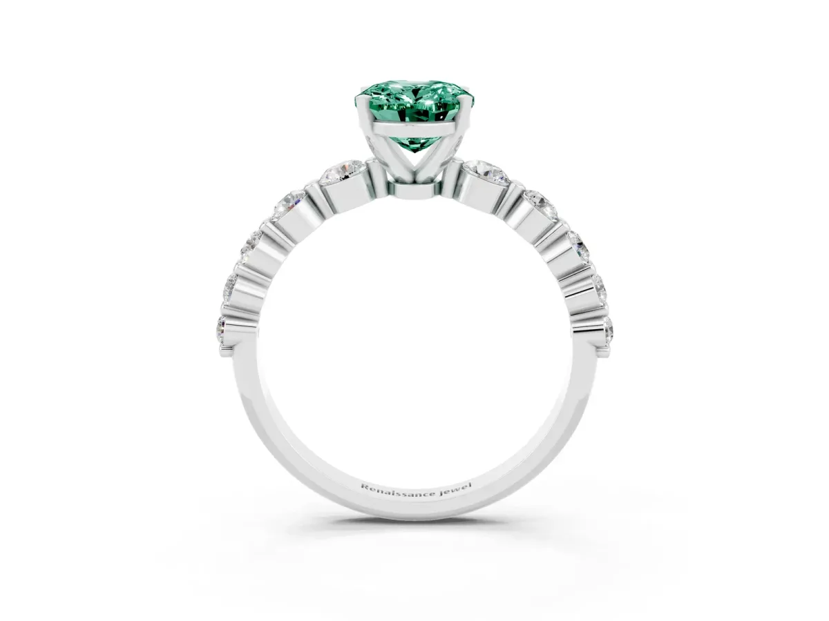 Oval Cut Solitaire Green Sapphire Ring with Pave Band and Four-Prong Setting Silver
