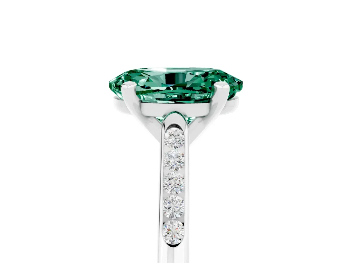Oval Cut Green Sapphire Solitaire Ring with Channel Set Round Band and Prong Setting Silver