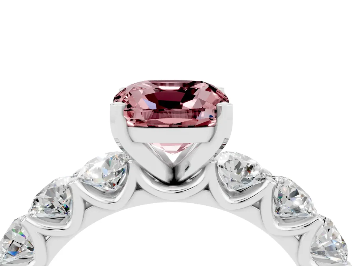 Cushion Cut Morganite Prong Setting with Side Stones on a Pave Band Silver