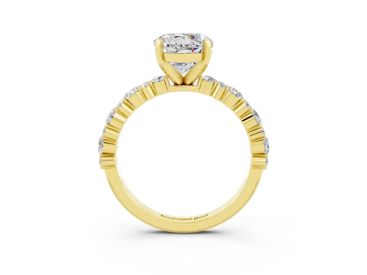 Round Cut Moissanite Side Stone Solitaire Ring with Round and Four-Prong Setting Yellow gold