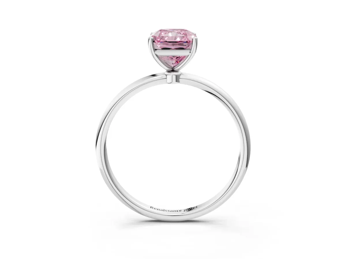 Fancy Pink Radiant Cut Cut Solitaire Engagement Ring with Thin Band and Four-Prong Setting Platinum