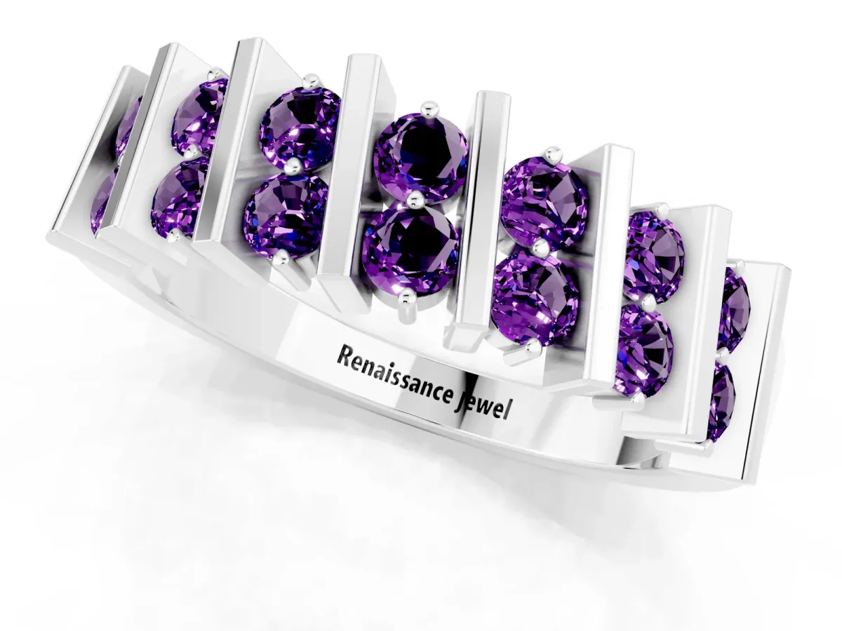 Channel Set Round Amethyst Anniversary Band with Vertical Prongs Silver