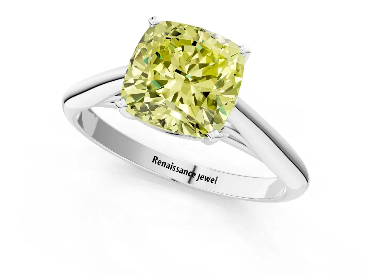 Fancy Yellow Cushion Cut Diamond Solitaire Engagement Ring with Cathedral Setting and Four-Prong Mount Silver
