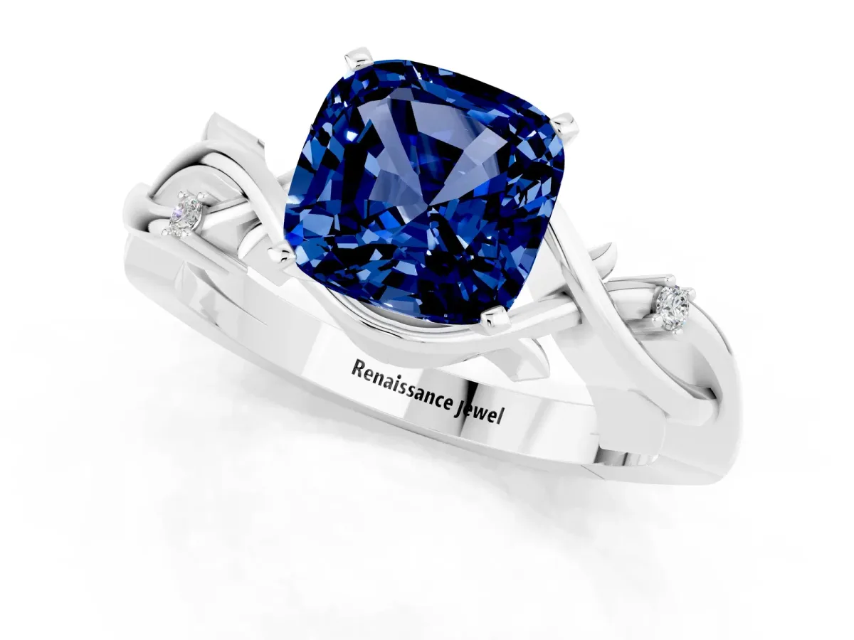 Cushion Cut Blue Sapphire Solitaire Ring with Twisted Band and Prong Setting Silver