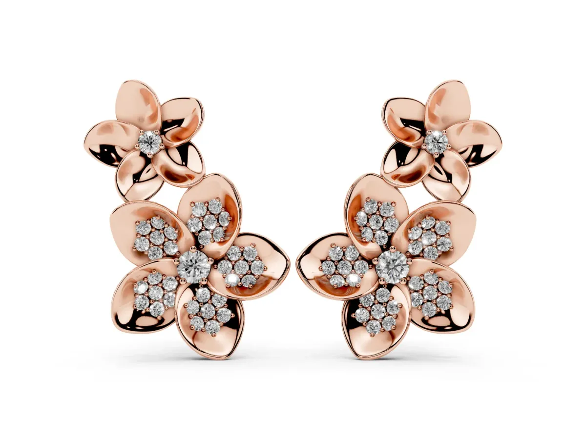 Round Diamond Plumeria Climber Earrings Rose gold