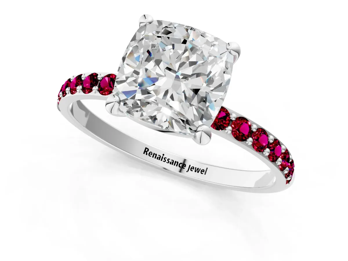 Cushion Cut Diamond Solitaire Ring with Round Garnet Pavé Band and Prong Setting Silver