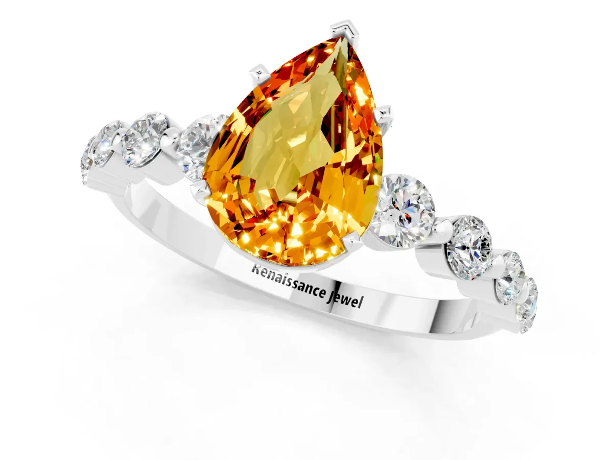 Pear Cut Solitaire Citrine Ring with Pave Band and Four-Prong Setting Silver
