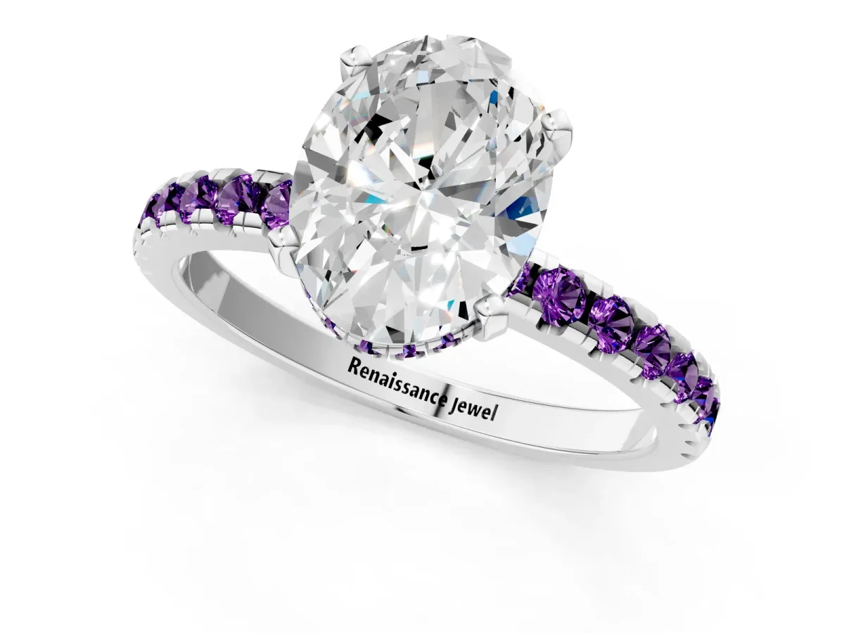 Oval Cut Diamond Solitaire Ring with Round Amethyst Pavé Band and Four-Prong Setting Silver