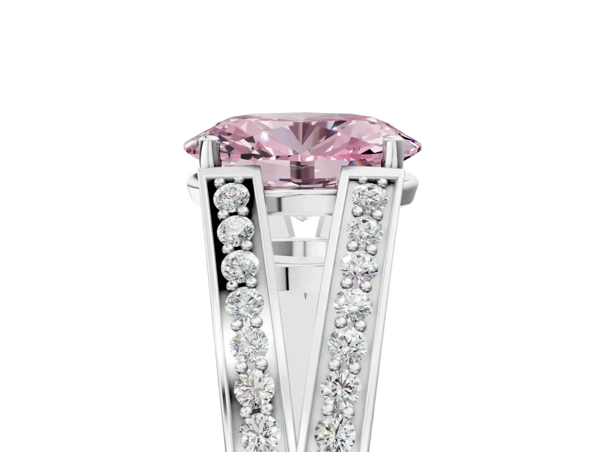 Fancy Pink Oval Cut Diamond Split Shank Ring with Pavé Band and Four-Prong Setting White gold