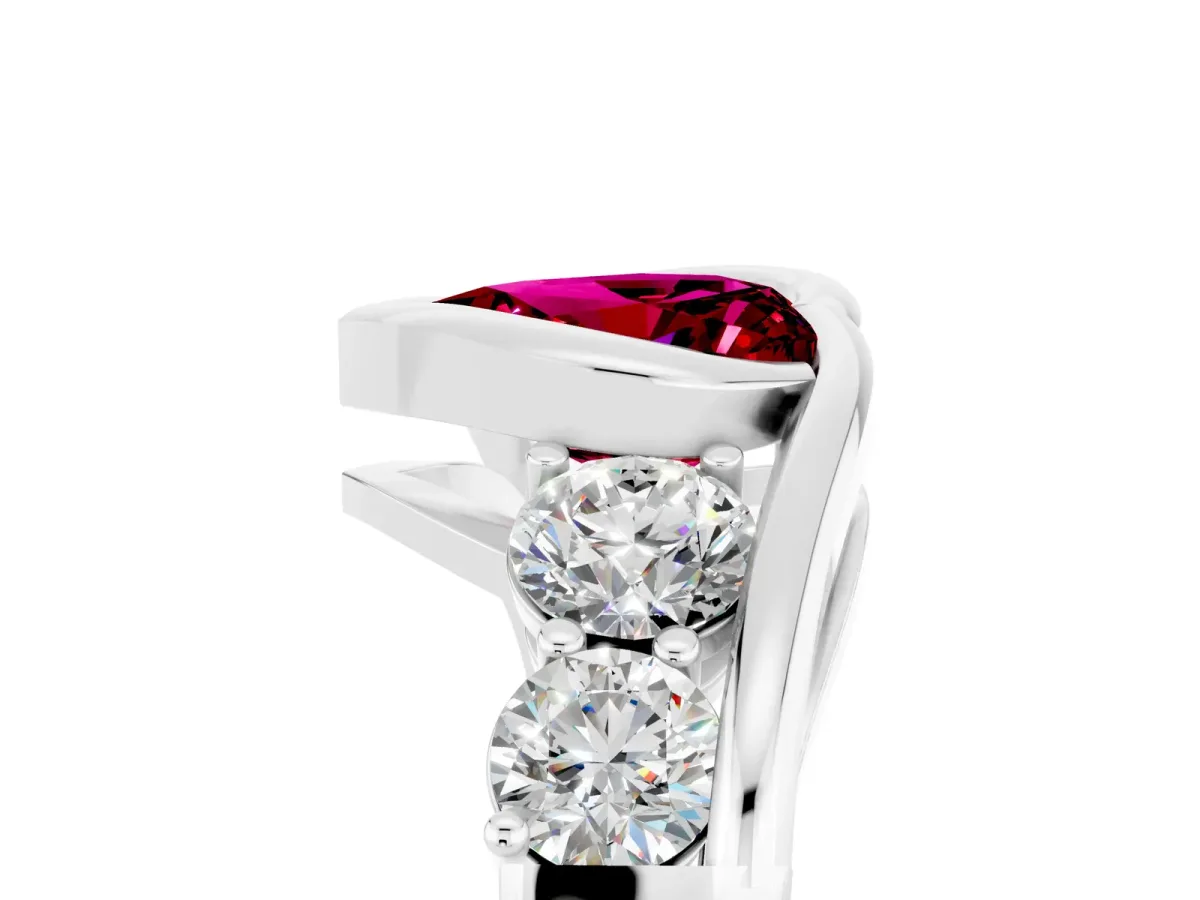 Bezel Set Heart Cut Garnet Bypass Ring with Round Accents Platinum