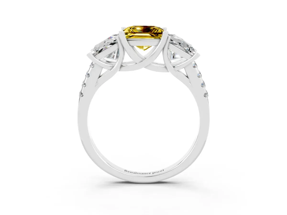 Three-Stone Princess Cut Yellow Sapphire Ring with Round Pavé Band and Prong Setting Silver