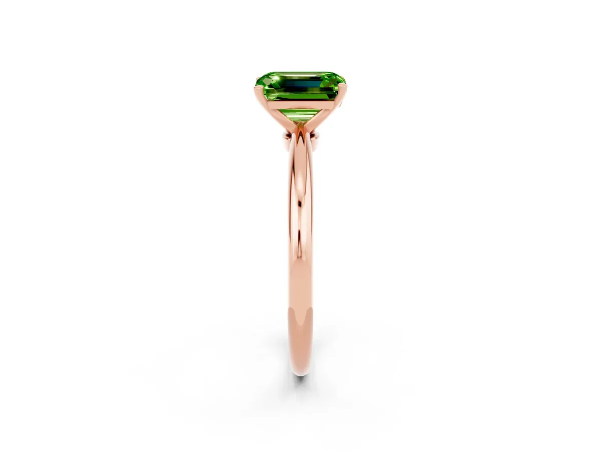 Emerald Cut Peridot Solitaire Ring with Six-Prong Setting and Classic Band Rose gold
