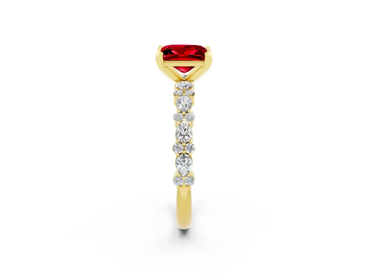 Princess Cut Ruby Side Stone Solitaire Ring with Round and Four-Prong Setting Yellow gold