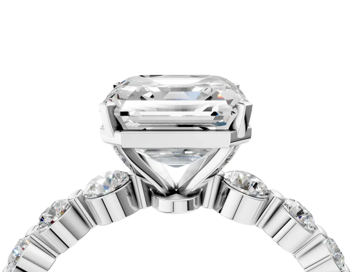 Asscher Cut Solitaire Diamond Ring with Pave Band and Four-Prong Setting Platinum