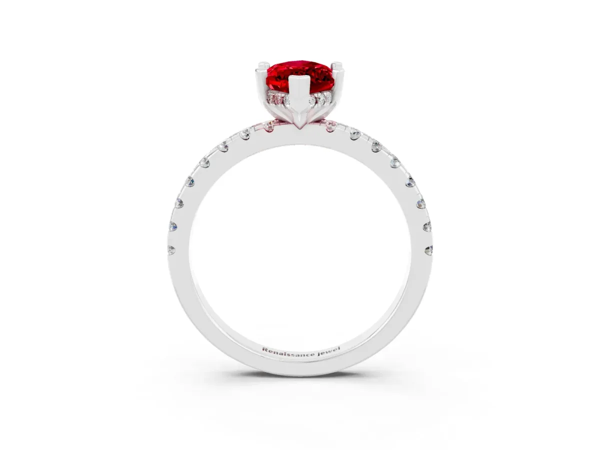 Marquise Cut Ruby Solitaire Ring with Round Pavé Band and Four-Prong Setting Platinum
