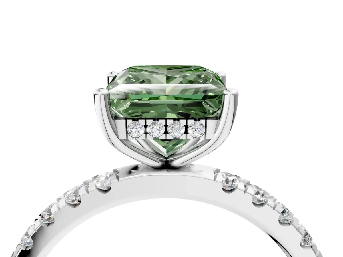 Fancy Green Princess Cut Diamond Pave Band Solitaire Ring with Round and Prong Setting Silver