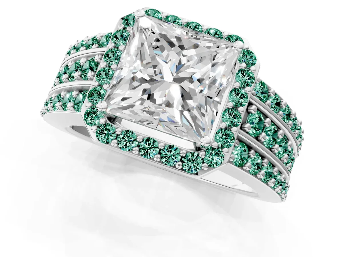 Princess Cut Halo Diamond Ring with Round Green Sapphire Split Shank and Prong Setting Silver