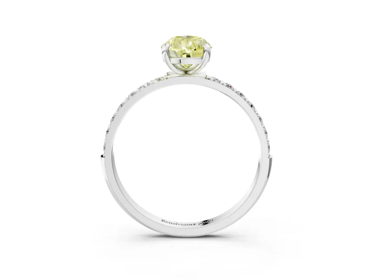 Fancy Yellow Pear Cut Diamond Solitaire Ring with Round Pavé Band and Prong Setting Silver