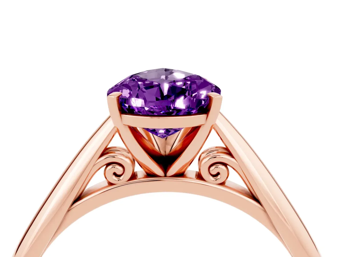Pear Cut Amethyst Solitaire Engagement Ring with Cathedral Setting and Four-Prong Mount Rose gold