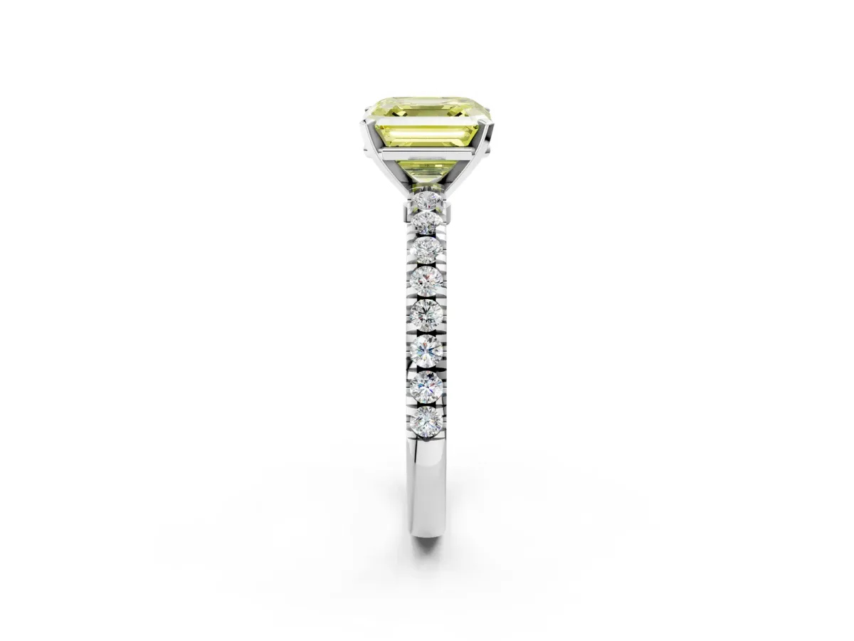 Fancy Yellow Asscher Cut Solitaire Diamond with Pavé Band and Four-Prong Setting Silver