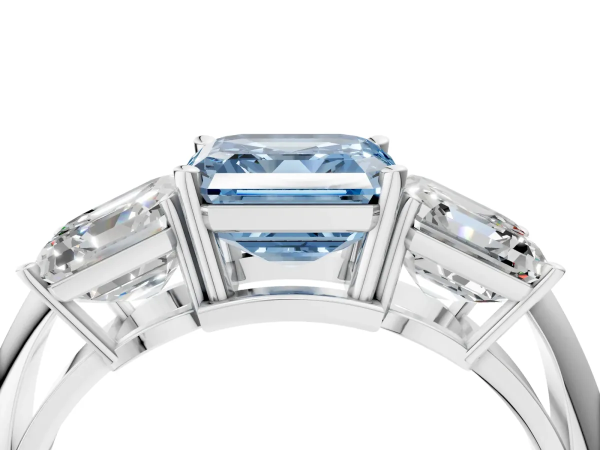Fancy Blue Three-Stone Asscher Cut Cut Diamond Engagement Ring with Prong Setting on a White Gold Band Silver