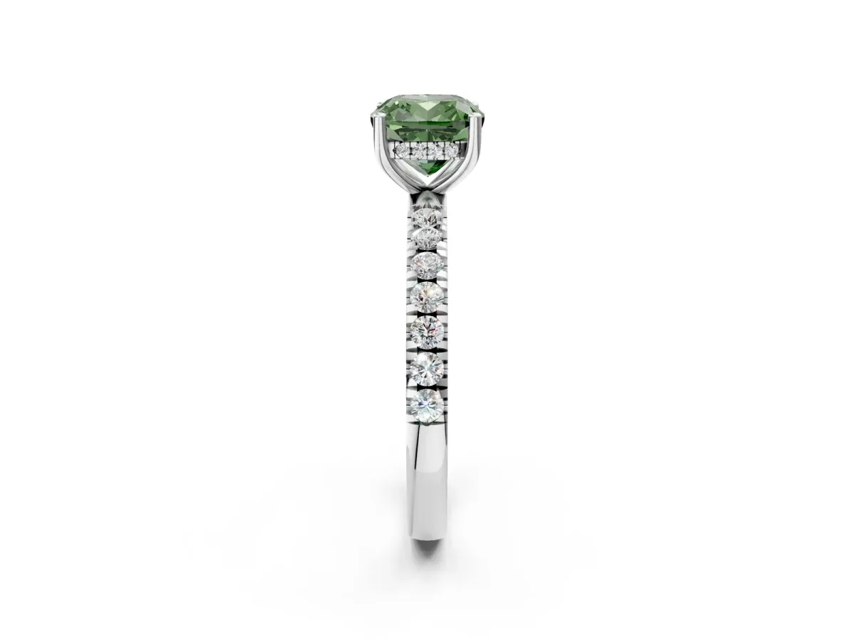 Fancy Green Cushion Cut Diamond Pave Band Solitaire Ring with Round and Prong Setting Silver