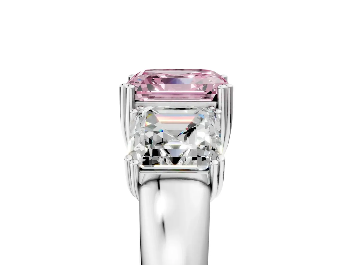Fancy Pink Three-Stone Asscher Cut Cut Diamond Ring with Channel Set Band and Four-Prong Setting Silver