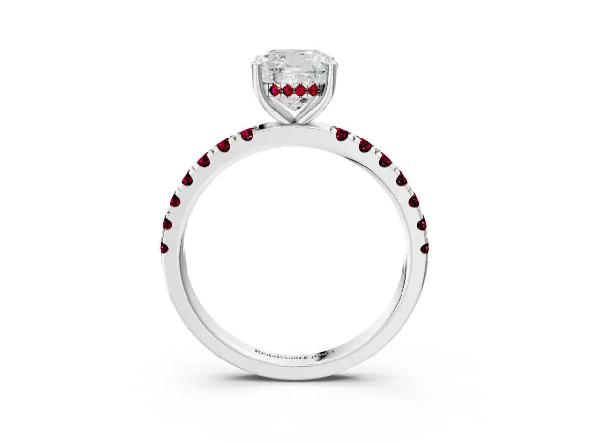 Cushion Cut Diamond Pave Band Solitaire Ring with Round Garnet and Prong Setting Silver
