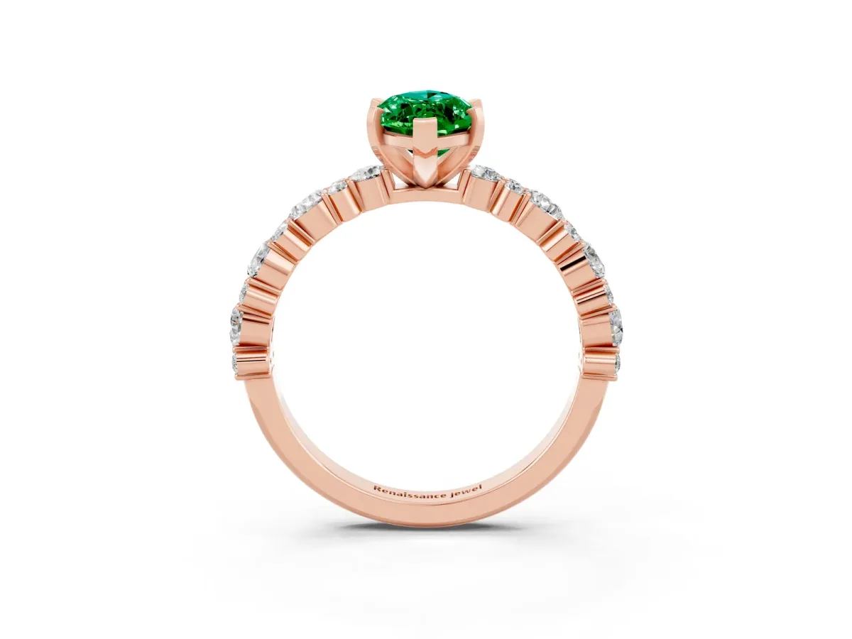 Marquise Cut Emerald Side Stone Solitaire Ring with Round and Four-Prong Setting Rose gold