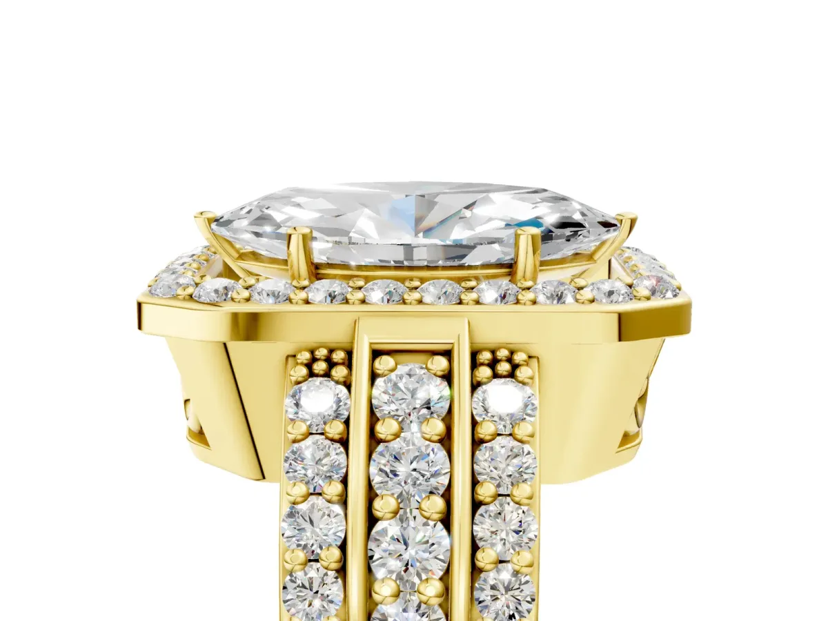 Marquise Cut Halo Diamond Ring with Round Split Shank and Prong Setting Yellow gold