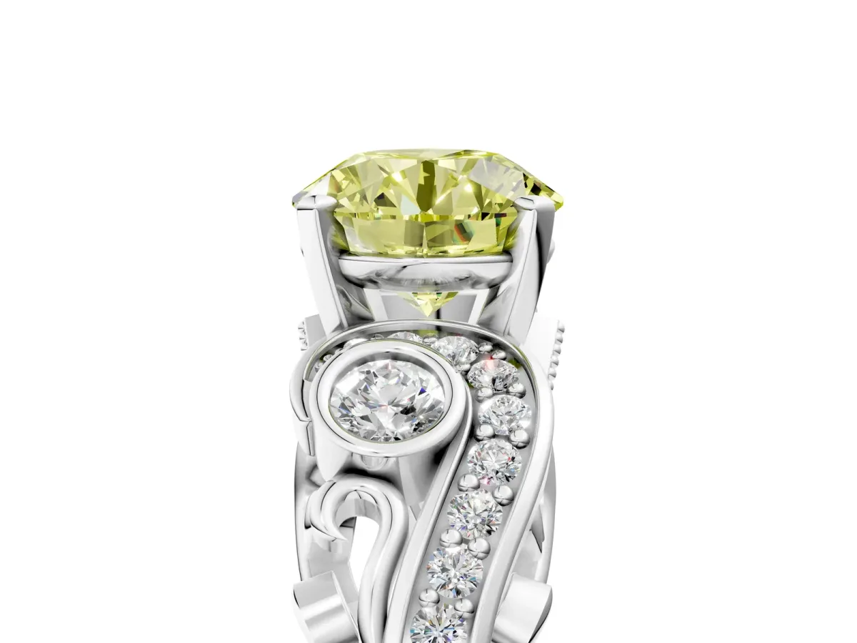 Fancy Yellow Round Cut Diamond Solitaire Ring with Milgrain Pavé Band and Four-Prong Setting Silver