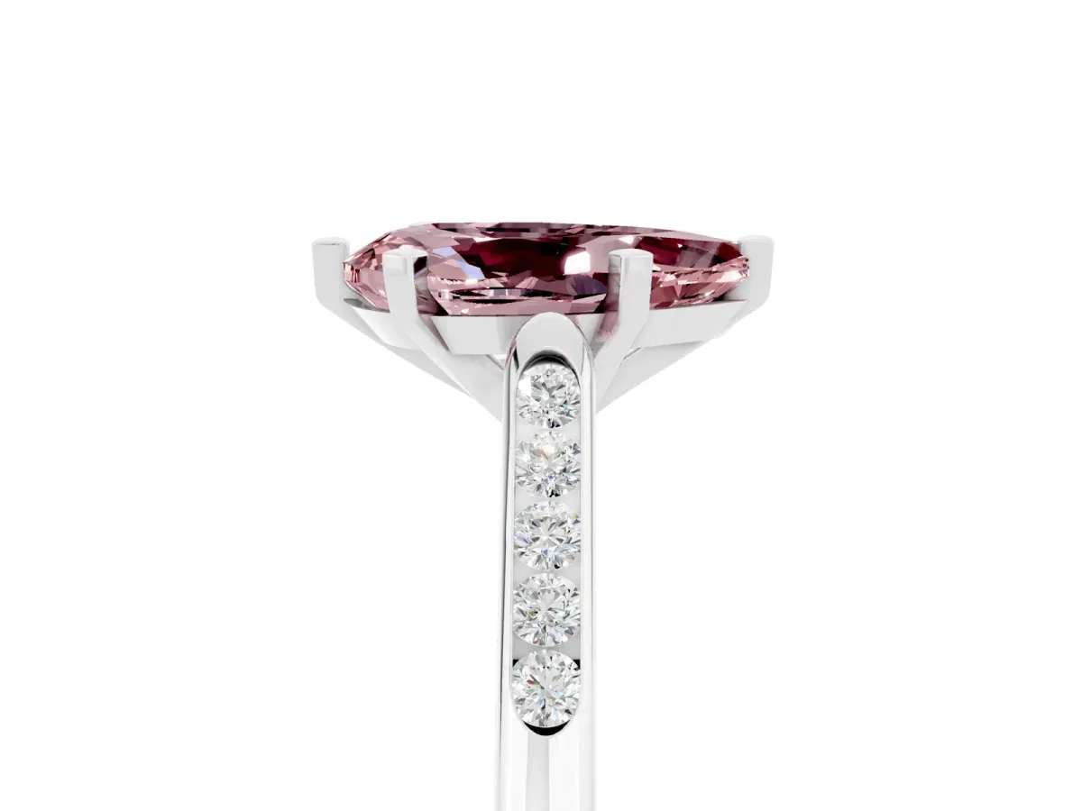 Pear Cut Morganite Solitaire Ring with Channel Set Round Band and Prong Setting Silver